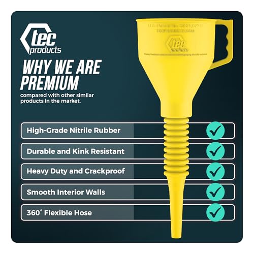 TEC Products FlexAll Long Flexible Funnels - Automotive Oil Funnel with Hose, Durable Nitrile Rubber for Oil Change, Transmission Funnel Fluid, Diesel, Fuel, Gas - Made in USA - Yellow (12 x 4 Inches) - color: Yellow, size: Small