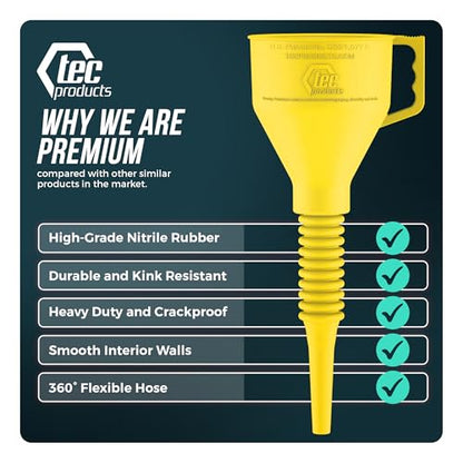 TEC Products FlexAll Long Flexible Funnels - Automotive Oil Funnel with Hose, Durable Nitrile Rubber for Oil Change, Transmission Funnel Fluid, Diesel, Fuel, Gas - Made in USA - Yellow (12 x 4 Inches) - color: Yellow, size: Small