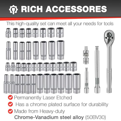 EACELIY 44pcs 3/8" Drive Impact Socket Set,Drive Master Socket Set,SAE/Metric, Deep & Shallow with 3/8" Drive Head Ratchet,Universal Joint,Extension bar (3” & 6”),6 Point,CR-V Steel，Mirror Chrome - size: 44PCS 3/8inch