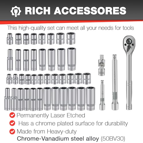 EACELIY 44pcs 3/8" Drive Impact Socket Set,Drive Master Socket Set,SAE/Metric, Deep & Shallow with 3/8" Drive Head Ratchet,Universal Joint,Extension bar (3” & 6”),6 Point,CR-V Steel，Mirror Chrome - size: 44PCS 3/8inch