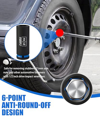 21mm Deep Impact Socket 1/2" Drive CR-MO Steel 6-Point | CR-MO steel impact socket set. 1/2" drive, 6-point design. Deep reach for lug nuts & axle nuts. - size: 21mm