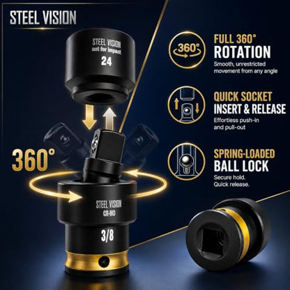 Steel Vision 7-Piece Low Profile Oil Filter Socket Set, 3/8" Drive Oil Filter Cap Removal Tool Kit with 24, 27, 29, 32, 36, 38mm Sockets and Universal Joint Adapter, CR-V Steel