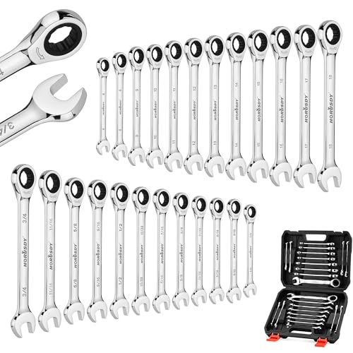 HORUSDY 24-Piece Ratcheting Wrench Set | Metric and SAE | Ratchet Combination Wrenches Set with Organizer | 72-Tooth | Chrome Vanadium Steel | 6-18 mm & 1/4” to 3/4“ (24-Piece) - style: 24-Piece