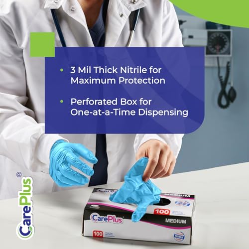 CARE PLUS Nitrile Gloves for Medical Use - Powder & Latex-Free - Black/Blue - S, M, L, XL - 100, 200, 1000 - color: Blue, size: Medium