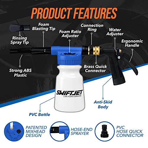 SwiftJet Car Wash Foam Gun + Microfiber Wash Mitt - Foam Cannon Works with Any Soap - Garden Hose Car Foam Sprayer - Car Wash Kit - Car Accessories Foam Blaster (Blue Foam Gun with Mitt) - color: Blue Foam Gun with Mitt