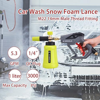 M MINGLE High Pressure Washer Gun Snow Foam Lance, 4000 PSI Cannon Foam Blaster Power Washer with 1/4" Quick Connector, Car Wash Foam Cannon Kit with 5 Pressure Washer Nozzle Tips, 1 Liter - color: yellow