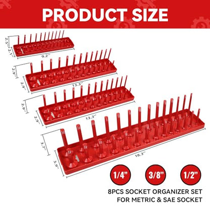 AIUITIO Socket Organizer Tray Set,8-Piece Socket Holder Set Includes 2PCS 1/4", 4PCS 3/8", 2PCS 1/2" Drive Metric SAE Socket Trays, Store 226 Pieces Standard and Deep Sockets
