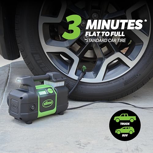 Slime 40063 Tire Inflator, Portable Car, SUV, 4x4 Air Compressor, Elite Heavy Duty, Inflate Right Automatic Shut Off, with Digital 99 psi Display, Long Hose and LED Light, 12V, 3 min Inflation - style: Pro Power Digital