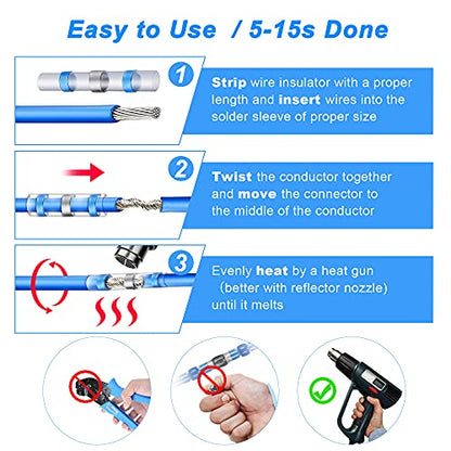 Kuject 200PCS Solder Seal Heat Shrink Butt Connectors, Waterproof Wire Connectors Kit Electrical Terminals, Solderless Insulated Wire Splice Cable Connector for Marine Automotive Boat Truck