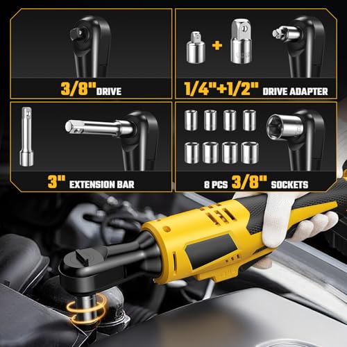 3/8" Cordless Ratchet Wrench for De-WALT 20V Max Battery - 49Ft-Lbs Brushless Motor Electric Ratchet Set with 0-250RPM Variable Speed, 8 Sockets, 3/8" and 1/4" Adapters,3" Extension Bar (Tool Only)