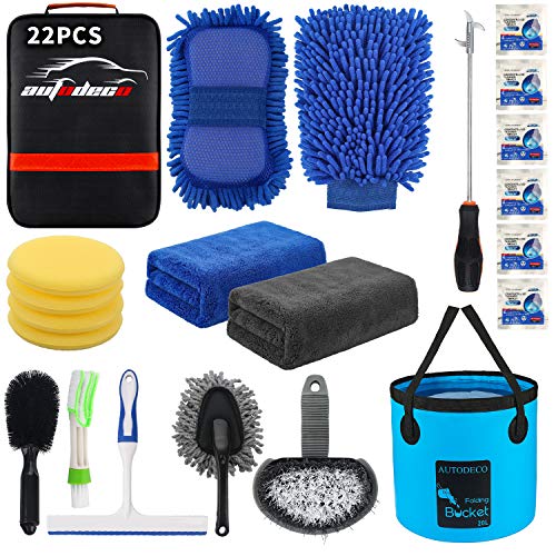 22Pcs Car Wash Cleaning Tools Kit Car Detailing Set with Black Canvas Bag Collapsible Bucket Wash Mitt Sponge Towels Tire Brush Window Scraper Duster Complete Interior Car Care Kit