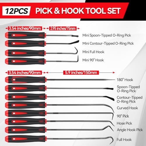 12PCS Pick and Hook Tools Set, Long and Mini Automotive Pick Set, O-Ring Oil Seal & Gasket Removal with Non-Slip Grip, Pick Tool Set for Car Repair, Mechanical and DIY