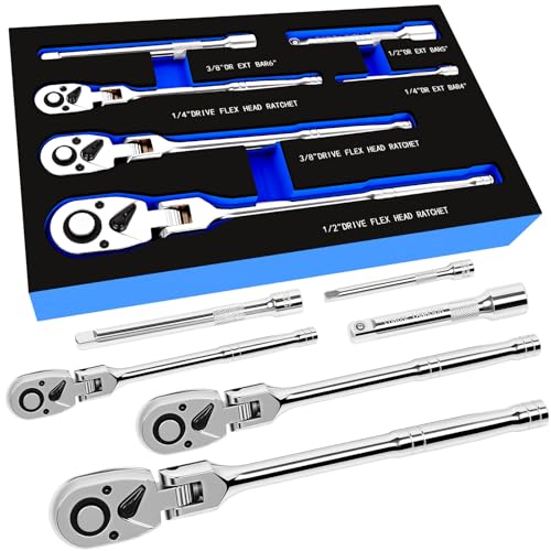 6-Piece Flex Head Ratchet Set, 1/4 3/8 1/2 Inch Drive, 72-Tooth 180° Swivel Head with Quick-Release, Includes Extension Bar & EVA Storage Case for Auto & DIY Repairs - color: 6pcs