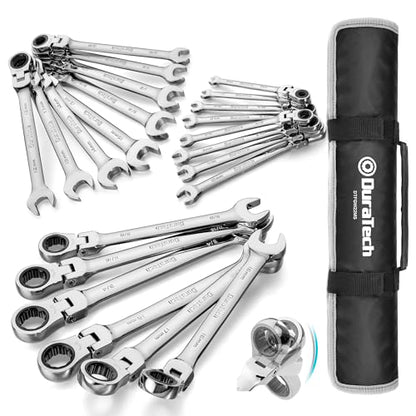 DURATECH Flex Head Ratcheting Wrench Set, Combination Wrench Set, 22-piece, Metric & SAE, 1/4" to 3/4" & 6-18mm, CR-V Steel, Mirror Polished, with Pouch - style: Flex-head