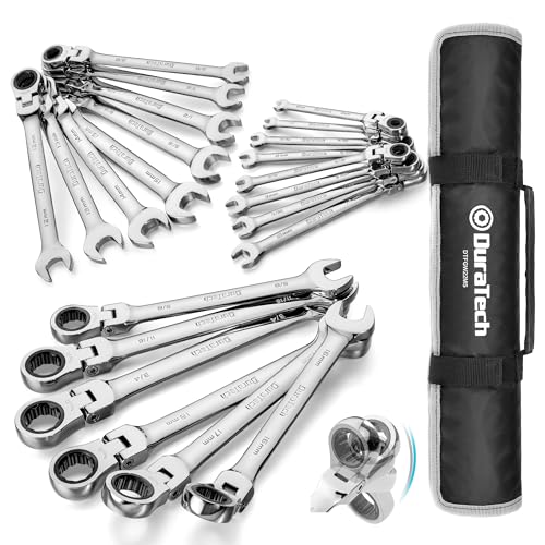 DURATECH Flex Head Ratcheting Wrench Set, Combination Wrench Set, 22-piece, Metric & SAE, 1/4" to 3/4" & 6-18mm, CR-V Steel, Mirror Polished, with Pouch - style: Flex-head