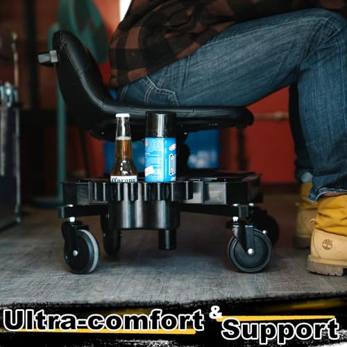Rolling Stool with Wheels, Adjustable Height Pneumatic Garage Work Mechanic Stool Seat with Backrest, 400 LBS Capacity 360° Swivel Mechanic Crepper Chair with Tool Tray Storage, Yellow - color: Yellow