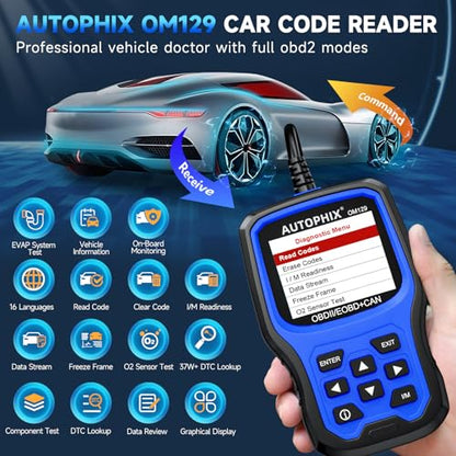 AUTOPHIX OM129P OBD2 Scanner with 12V Battery Test & Live Data | Check engine code reader with I/M readiness, O2/EVAP tests, DTC lookup and lifetime software updates included. - color: OM129-OBD2