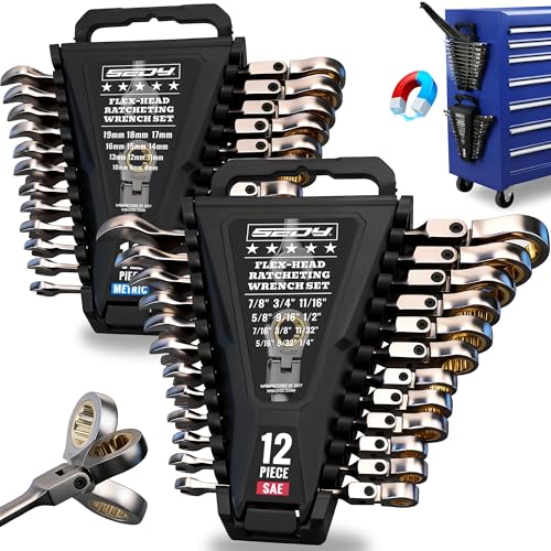 Premium 24-Piece Flex-Head Ratchet Wrenches Set with Magnetic Organizers, Metric SAE 8-19mm 1/4"-7/8", Cr-V Ratcheting Wrenches with 72 Teeth 180° Flex Head, Ratchet Combination Wrench Set for Repair - style: 24-Piece Flex-Head (SAE & Metric)