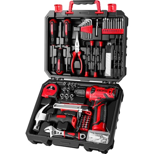 DEKOPRO Drill Set: Tool Set with 8V Red Cordless Drill, Home Tool Kit with Drill, Hand Tool Kits for Women 126 Piece - color: Red