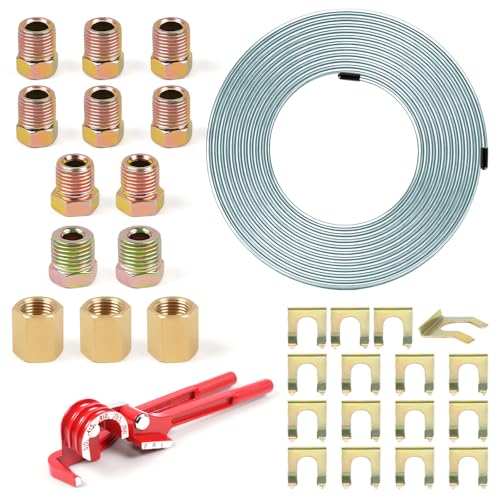 1/4" 25FT Zinc Coated Brake Line Kit with Inverted Nuts and Unions, 3 in 1 Tube Bender, Brake Line Clips, Copper Coil Repair Kit for Car Industrial Hydraulic Brake Systems(Silver) - color: Silver, size: 0.25 Inch