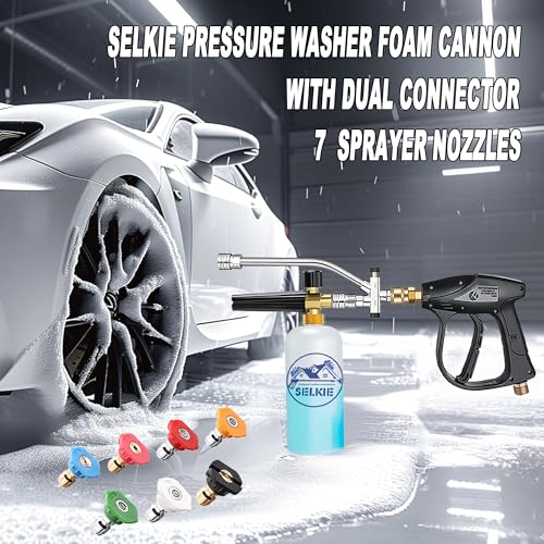 Selkie Foam Cannon with Pressure Washer Gun and Dual Connector, 3-in-1 Car Foam Cannon Kits with 1/4 Inch Quick Connector, 7 Pressure Washer Nozzle Tips, Dual-Connector Accessory