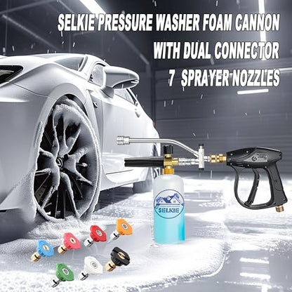 Selkie Foam Cannon with Pressure Washer Gun and Dual Connector, 3-in-1 Car Foam Cannon Kits with 1/4 Inch Quick Connector, 7 Pressure Washer Nozzle Tips, Dual-Connector Accessory
