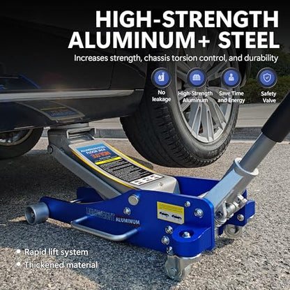 3T Aluminum Floor Jack, 6000 lb, Dual Pump, 3.35"-18.5" Lift | Aircraft-grade aluminum, dual pump, reinforced arm, side-mount handle. 3.35"-18.5" lift range. Lightweight & durable. - size: 3T Aluminum & Steel Blue