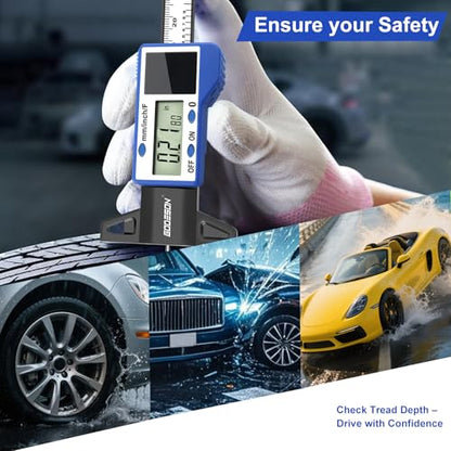 GODESON Digital Tire Tread Depth Gauge – 3 Modes-Fraction/Inch/MM Display, Solar & Battery Hybrid,1” (25.4mm/32NDS) Range, Blue Tire Wear Measure Tool for All Vehicles (Car, Truck, SUV) - style: IN/MM/FRAC - Blue