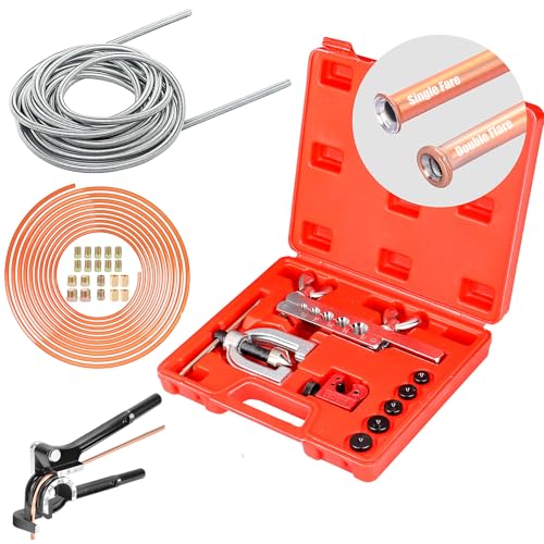 3/16" Complete Brake Line Repair Kit with Protector, Enhance the Corrosion Resistance and Wear Resistance of 25-Foot Copper-Coated Tubing, Including Flaring Tool, Bender & Fittings