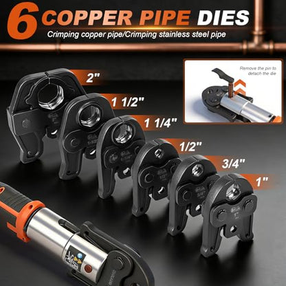 18V Brushless Copper Pipe Press Tool Kit for 1/2", 3/4", 1", 1-1/4", 1-1/2", 2", Electric Crimping Tool with 6 Jaws, 2-Pack 5.0Ah Batteries, OLED Display & Bluetooth