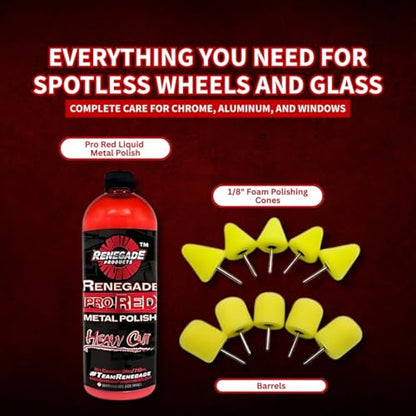 Renegade Products Wheel Window Polishing Bundle – Pro Red Liquid Metal Polish with 1/8" Foam Polishing Cones & Barrels – Drill Attachment Kit for Aluminum & Stainless Steel for Wheels & Tight Spaces