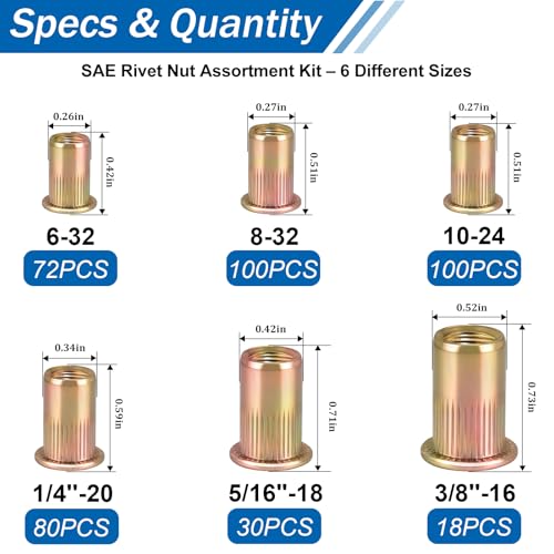 400Pcs SAE Rivet Nut Kit, UNC Threaded Insert Nutsert Set, 6-32 8-32 10-24 1/4"-20 5/16"-18 3/8"-16 Flat Head Carbon Steel Zinc Plated Rivnuts for Metal Sheet Fasteners - size: SAE kits 400pcs