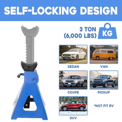 3 Ton (6,000 LBs) Automotive Jack Stands,Heavy Duty Steel Car Lifting Stand for Garages,Repair Shops,Adjustable Height 11.4"-16.8",1 Pair | for Garages,Repair Shops,Adjustable Height 11.4"-16.8" - size: 3 Ton