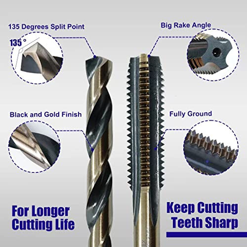 JEFEHEX 18pcs Drill and Tap Set with 1 Piece T-Handle Ratchet Tap Wrench, Tap Range 6-32NC—1/2"-13NC, Black and Gold Premium HSS Jobber Length Drill Bits and Hand Plug Taps with Metal Indexed Box - size: 18PCS SAE