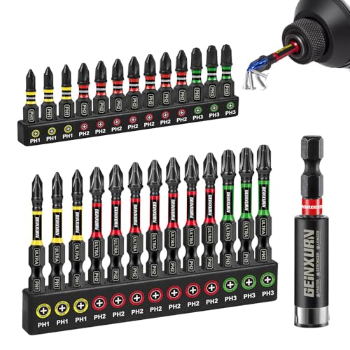 Geinxurn Impact #1#2#3 Phillips Screwdriver Bits Set, 26pcs 1” 2” (PH1/PH2/PH3) Magnetic S2 Steel Driver Bits Set and 1pc Impact Bit Holder with Color Coded Base - size: 27pcs-PH-A