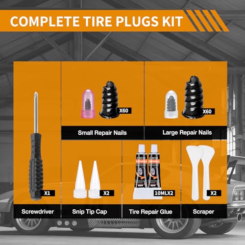 VISRIE 120 PCS Tire Screw Plugs Repair Kit, Tire Repair Screws with Tire Glue & Tool, Fast Self-Service Screw in Tire Plugs Kit for Tires, Car, Truck, Motorcycle, Tractor