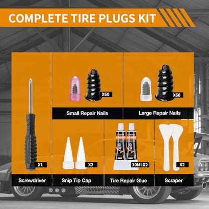 VISRIE 120 PCS Tire Screw Plugs Repair Kit, Tire Repair Screws with Tire Glue & Tool, Fast Self-Service Screw in Tire Plugs Kit for Tires, Car, Truck, Motorcycle, Tractor