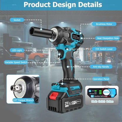 406Ft-lbs (550N.m) 1/2 inch Heavy-Duty Cordless Impact Wrench Compatible with Makita 18V Battery for Automotive Repair, Tire Changes, and Construction Bolts & DIY Decking & Home Mechanics (No Battery)
