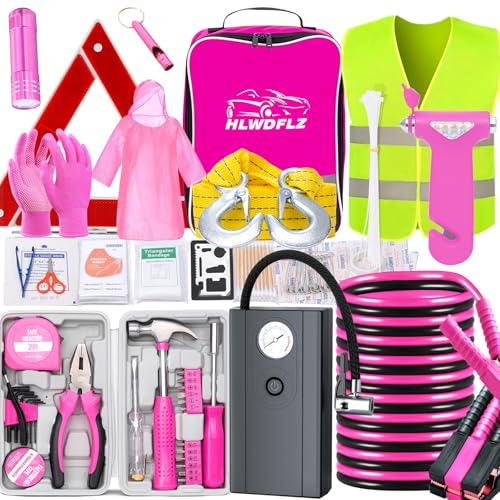Car Roadside Emergency Kit, Vehicle Truck Safety Emergency Road Side Assistance Kits with Jumper Cables, Auto Air Compressor Tire Inflator, Pink - color: Pink, size: 93pcs
