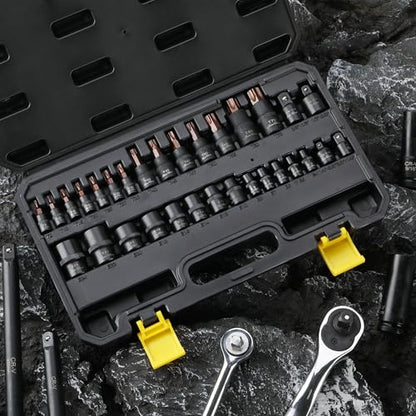 Bates- Torx Bit Socket Set & E Torx Socket Set, 31 pcs, Cr-V Steel, Star T8-T70, E4-E24, 1/4", 1/2" & 3/8" Adaptors & Reducers
