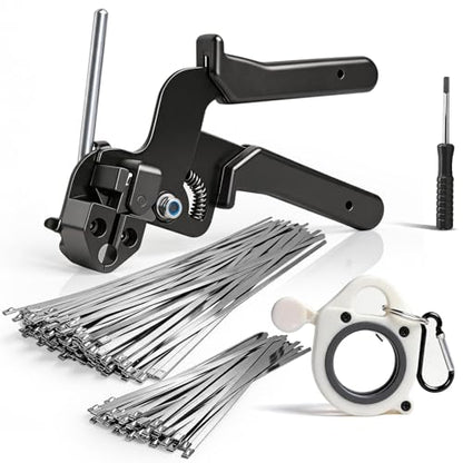 153PCS Stainless Steel Cable Tie Gun Kit with Heavy Duty Metal Zip Ties (100PCS 11.8"+ 50PCS 7.8") with Zip Tie Organizer & Release Tool for Chain Link Fence, Exhaust Pipe, Outdoor & Industrial