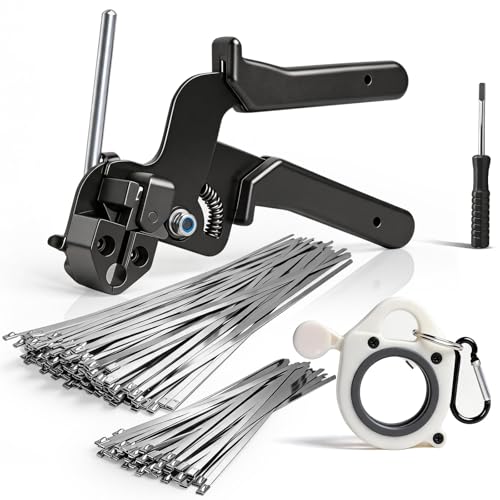 153PCS Stainless Steel Cable Tie Gun Kit with Heavy Duty Metal Zip Ties (100PCS 11.8"+ 50PCS 7.8") with Zip Tie Organizer & Release Tool for Chain Link Fence, Exhaust Pipe, Outdoor & Industrial