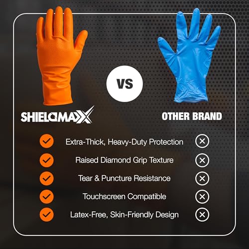ShieldMaxx Heavy Duty Nitrile Gloves – 8 Mil Orange Industrial Glove Powder Latex Free Non-Sterile Diamond Texture Grip - size: X-Large (Pack of 100)