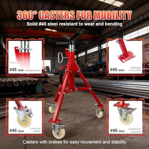 Pipe Jack Stand with Casters, 882LB Capacity, 27.2"-52" Adjustable, V-Head Support for Welding & Construction