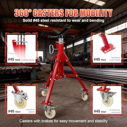 Pipe Jack Stand with Casters, 882LB Capacity, 27.2"-52" Adjustable, V-Head Support for Welding & Construction