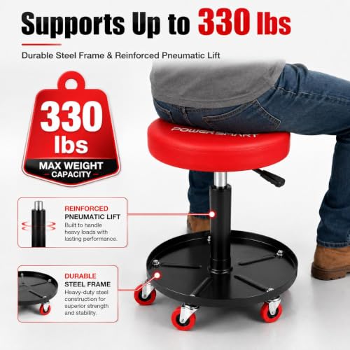 PowerSmart 330 LBS Capacity Roller Seat with Wheels, 360° Rolling Mechanic Stool, 18"-23" Adjustable Height, Tool Tray & Padded Seat for Garage, Workshop & Automotive Repair