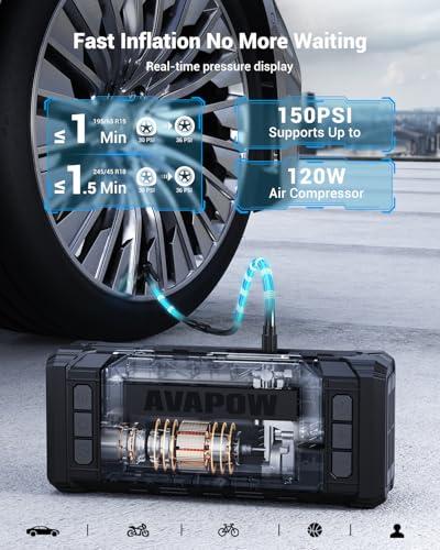 AVAPOW 10000A Jump Starter with Air Compressor, 12V Portable Jump Box | Starts All Gas & All Diesel, Built-in 150PSI Air Compressor, 30W PD Fast Charging, 4" HD Display, EVA Case - color: 10000A