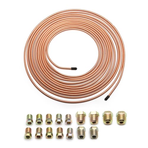 25Ft of 3/16 Brake Line Kit - Includes 16 Inverted Flare Brake Line Fittings - Zinc Plated Copper Brake Line Tubing - Universal Copper Coil Brake Line Repair Kit for Car,Home,Industrial (Gold) - color: Gold