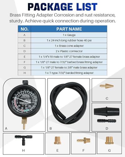 DASBET Car Vacuum and Fuel Pump Tester Gauge Kit, Fuel Pump and Vacuum Tester Gauge, Leak Carburetor Pressure Diagnostics