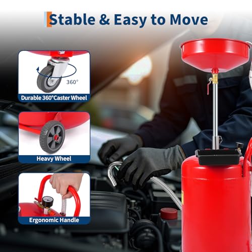 20 Gallon Waste Oil Drain Tank Portable Air Operated Oil Drainer with Adjustable Funnel Height 38-65 Inches 15 Inch Funnel Fluid Fuel Transfer Drain Container with 360 Degree Wheels and Toolbox Red